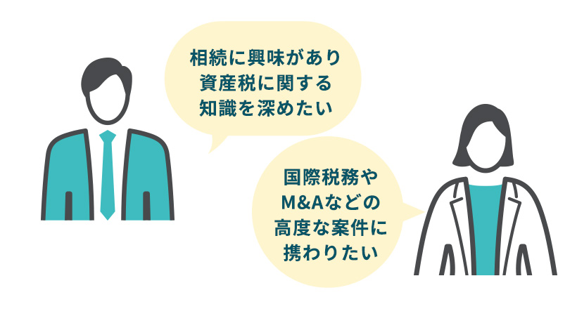 ・国際税務やM&Aなどの高度な案件に携わりたい・相続に興味があり資産税に関する知識を深めたい
